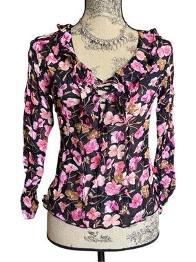 Y2K Floral Lace-Up Ruffle Blouse Size M